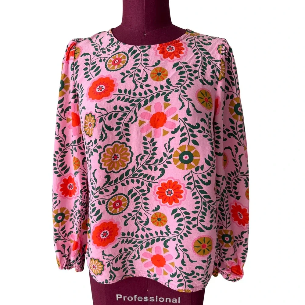 Boden Top Blouse Floral Print Easy Print Floral Pink size 4 Small